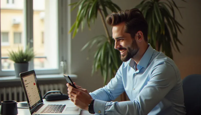 Un homme consultant son application bancaire BforBank sur smartphone pour partager son code parrainage depuis son appartement parisien