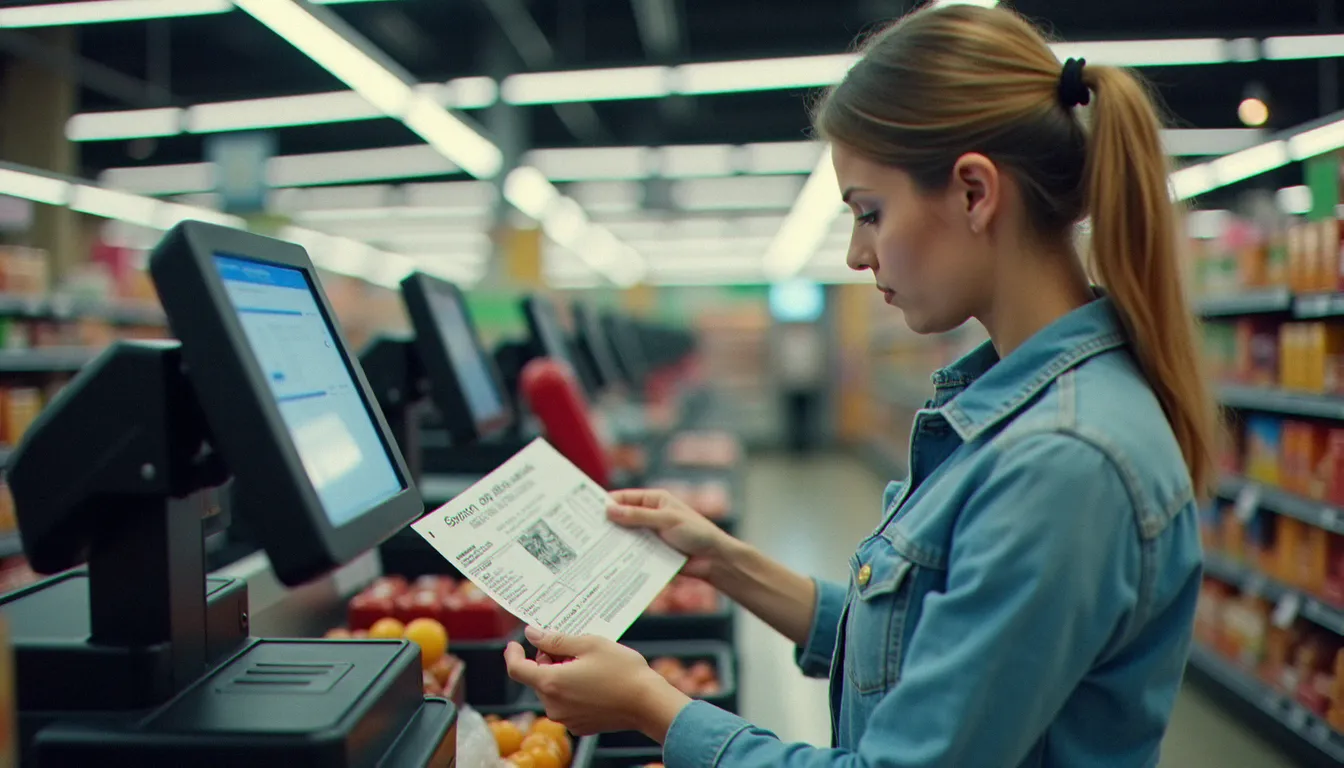 Cliente utilisant un coupon Coupon Network en caisse de supermarché après avoir profité d'un code parrainage