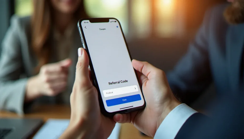 Deux personnes échangeant un code parrainage Coupon Network sur un smartphone, illustrant le fonctionnement du parrainage digital