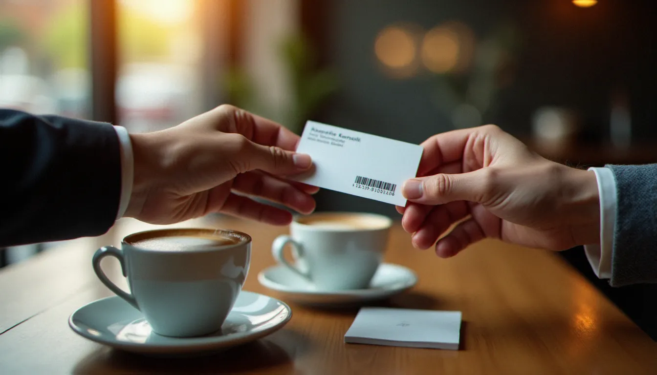 Échange d'un code parrainage assurance entre deux personnes autour d'un café, illustrant le parrainage direct entre amis