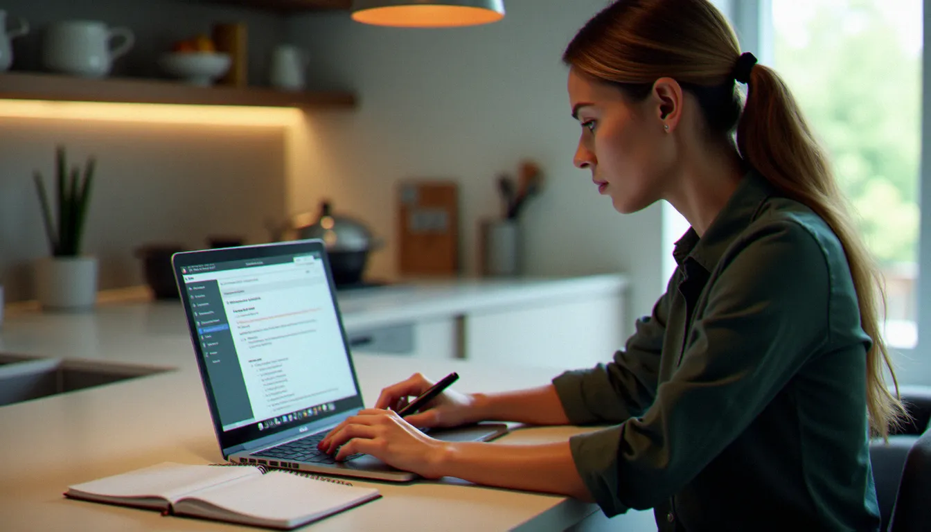 Femme comparant des offres d'assurance avec code parrainage sur ordinateur portable dans une cuisine moderne