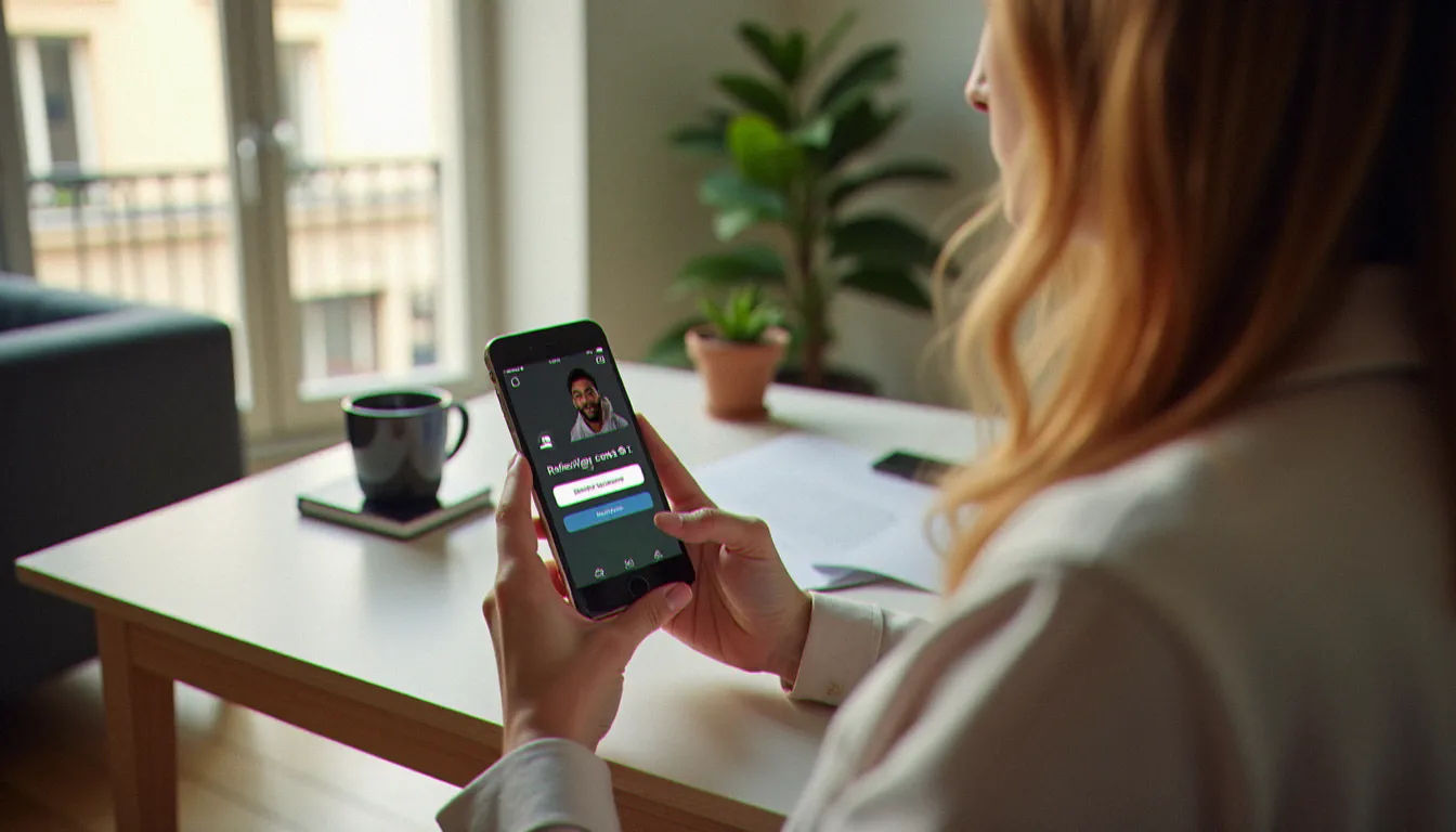 Personne utilisant un code parrainage direct assurance sur son smartphone dans un appartement parisien lumineux