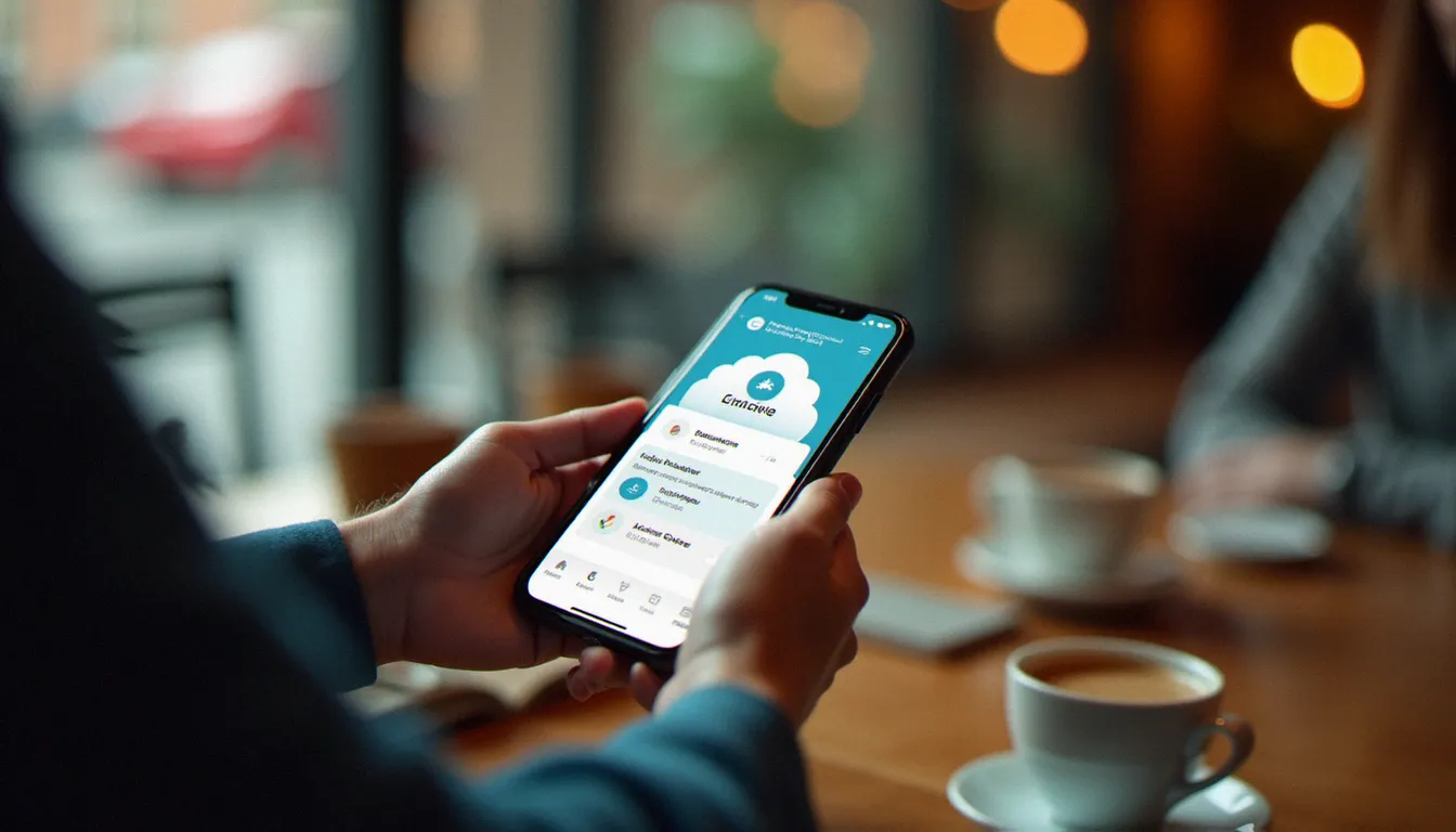 Deux personnes échangeant un code parrainage énergie sur smartphone autour d'un café, illustrant le fonctionnement du parrainage Hello Watt