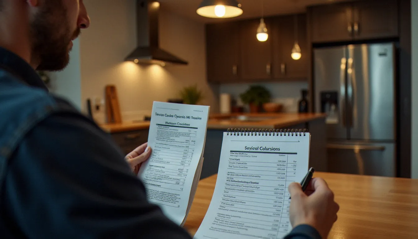 Une personne calculant ses économies sur sa facture d'électricité grâce à un parrainage énergie, avec des notes de comparaison sur un bloc-notes