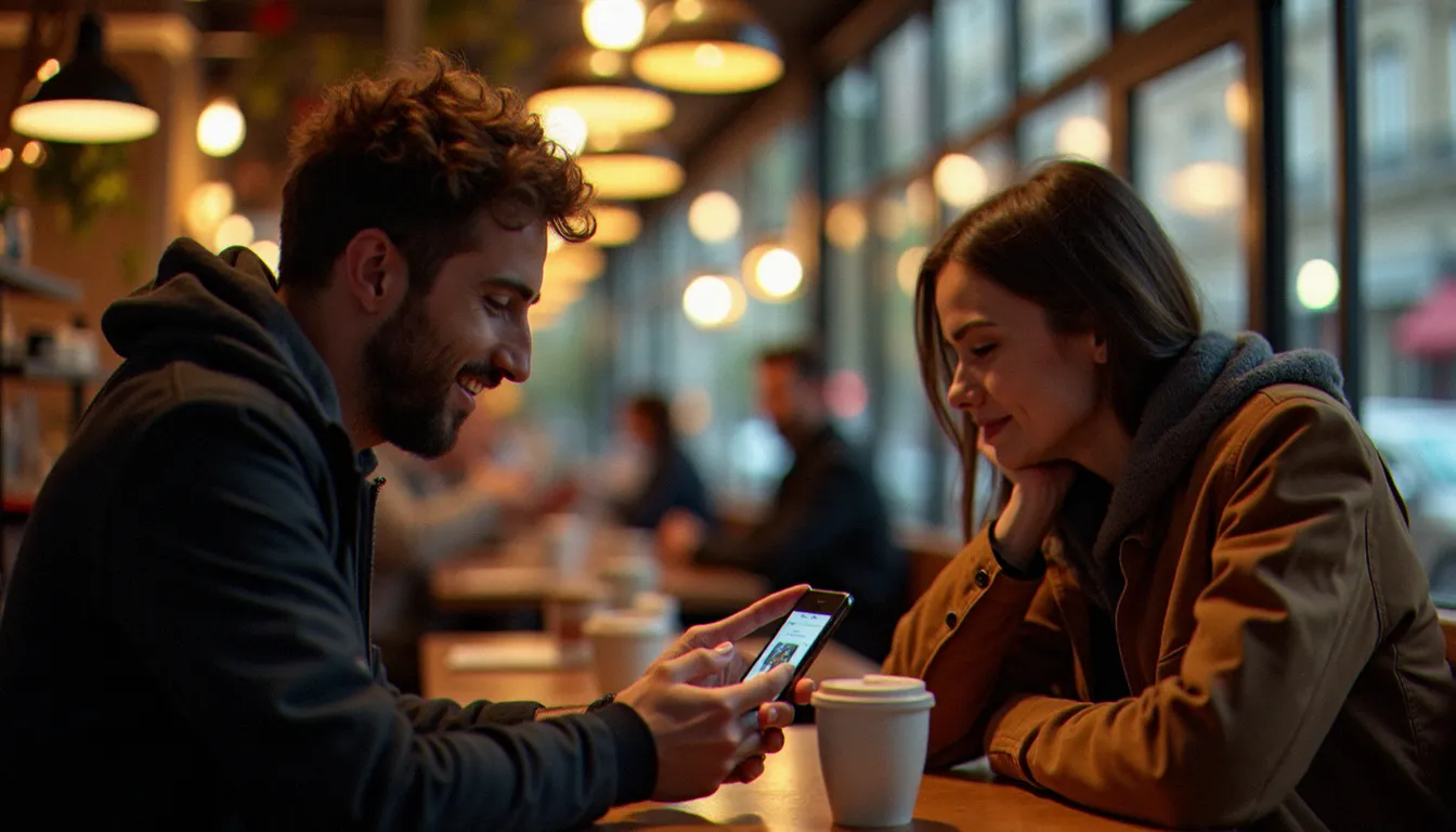 Deux amis dans un café parisien partageant un lien de parrainage bancaire N26 sur smartphone