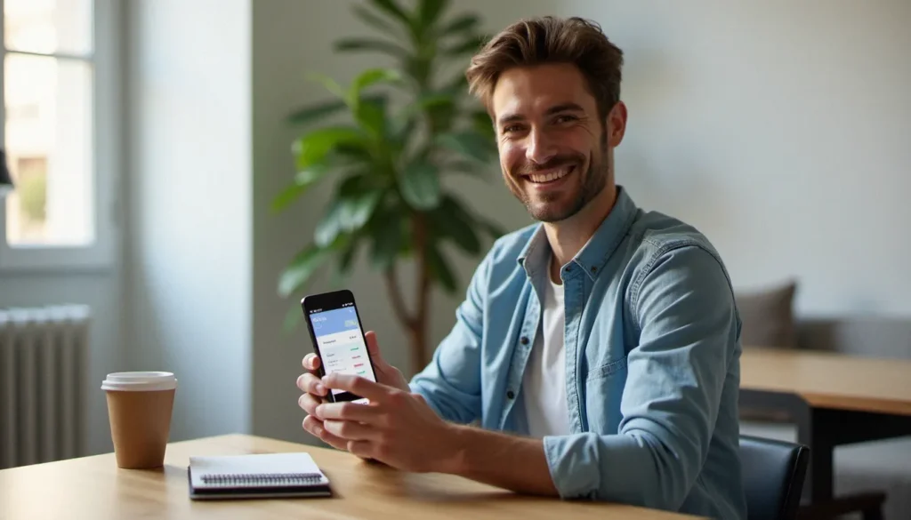 Homme consultant une application bancaire en ligne sur son téléphone pour utiliser un code parrainage N26