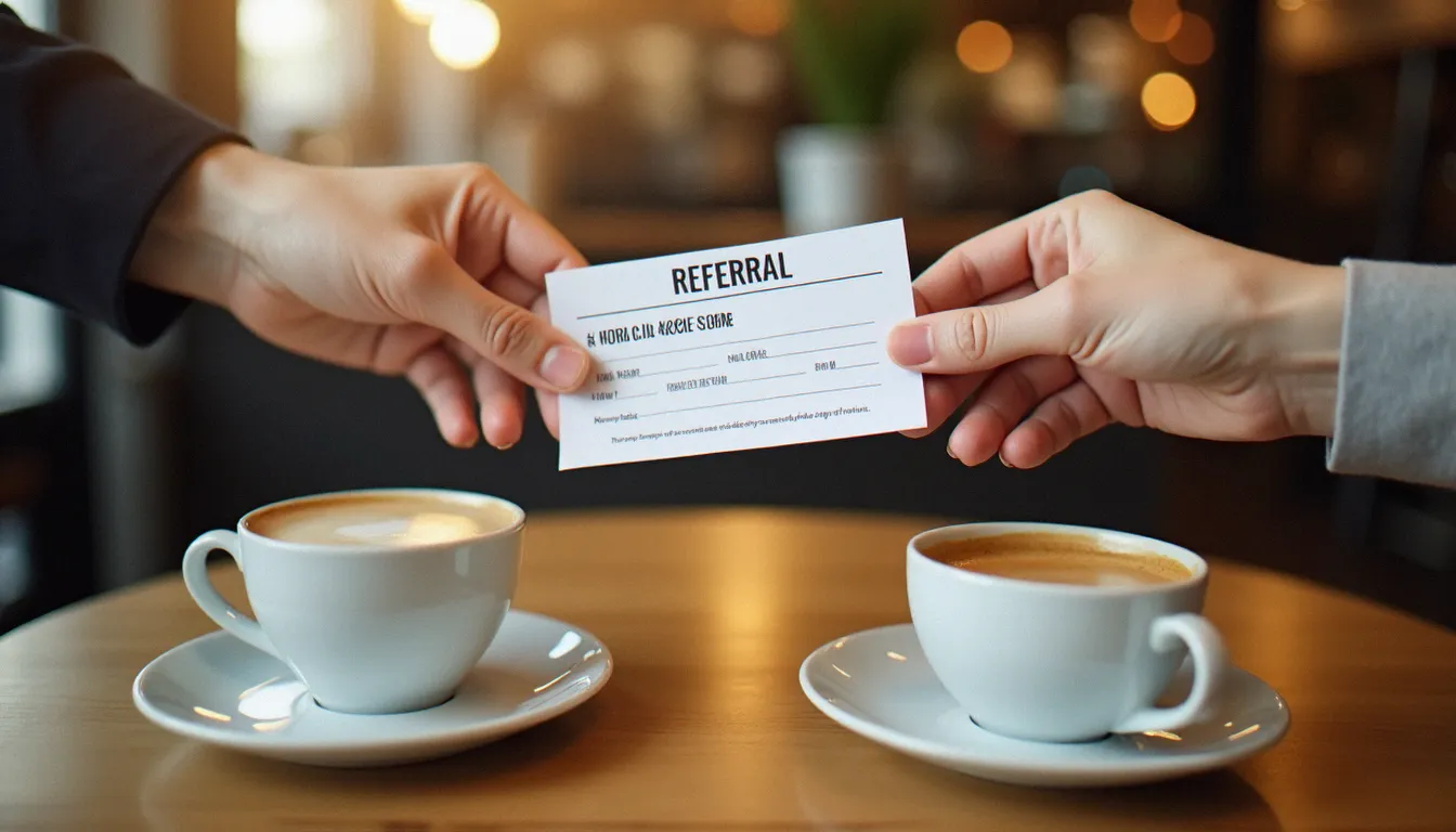 Deux personnes échangeant un code de parrainage pour un contrat d'énergie autour d'un café