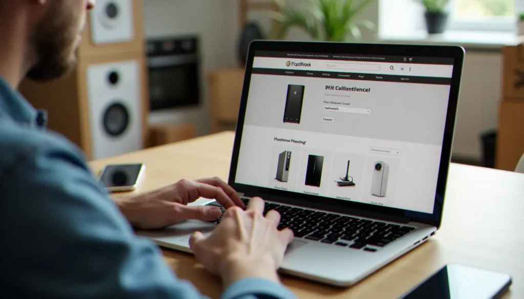 Une personne utilisant un code parrainage Ubaldi sur un site e-commerce depuis son ordinateur portable à domicile