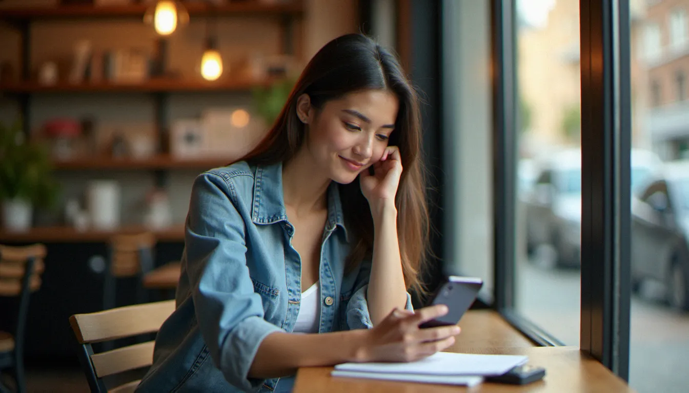 Femme recherchant un code promo assurance sur son smartphone dans un café parisien