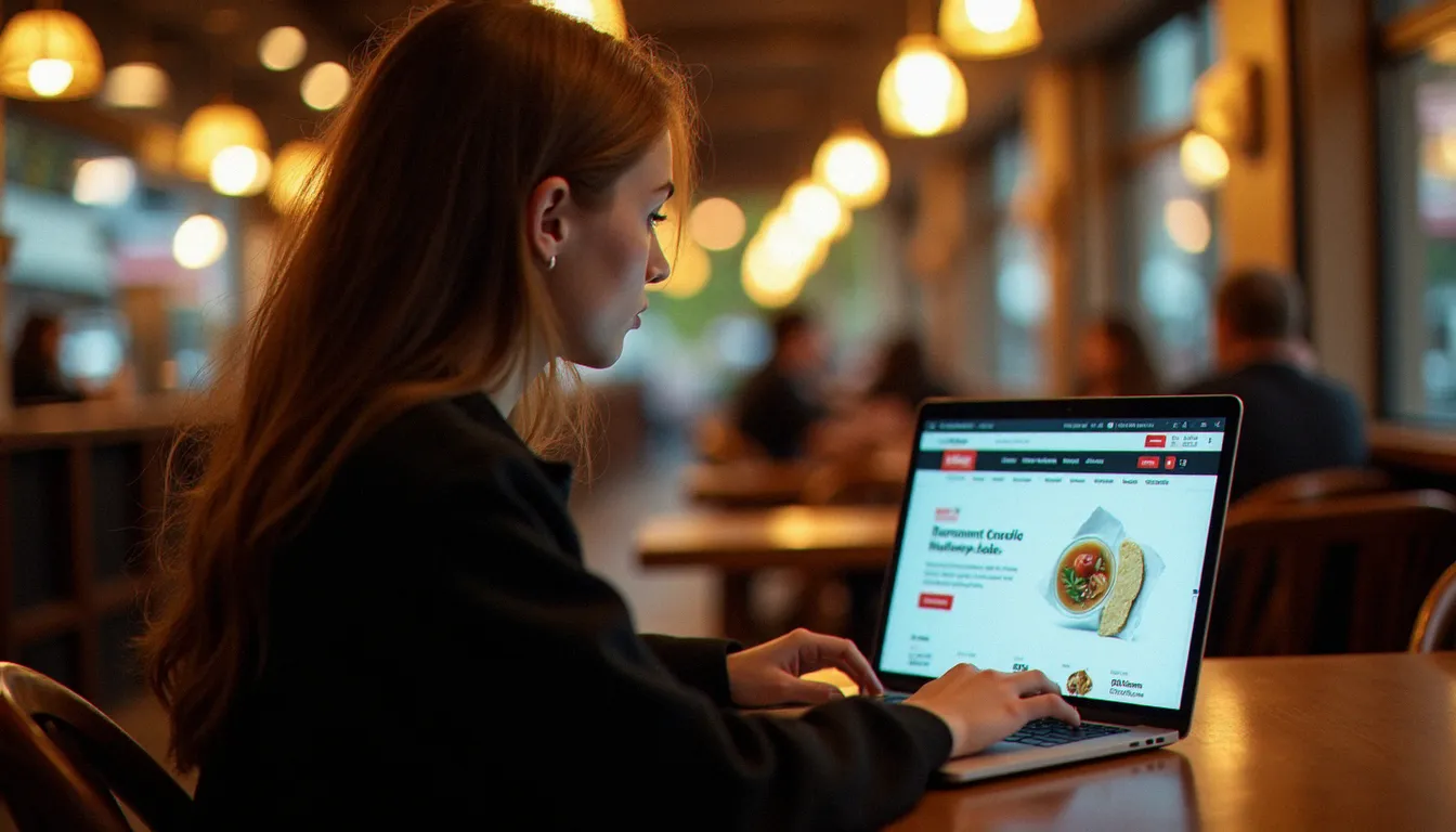 Jeune femme cherchant un code promo Duolingo sur un ordinateur portable dans un café parisien