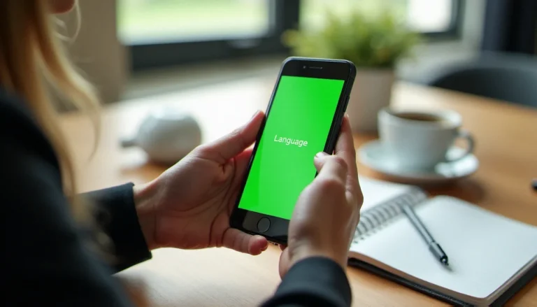 Personne utilisant une application d'apprentissage de langues sur smartphone pour profiter d'un code promo Duolingo
