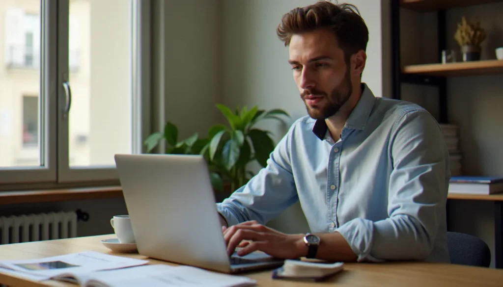 Un homme consultant ses factures d'énergie Engie sur un ordinateur portable à Paris pour trouver un code promo et faire des économies