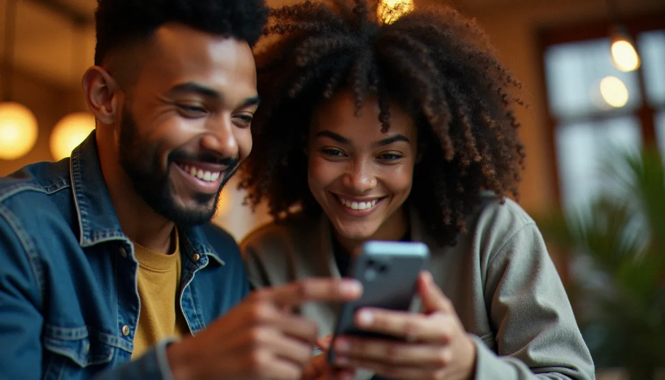 Deux amis partageant un code de parrainage Faguo via smartphone dans un appartement moderne