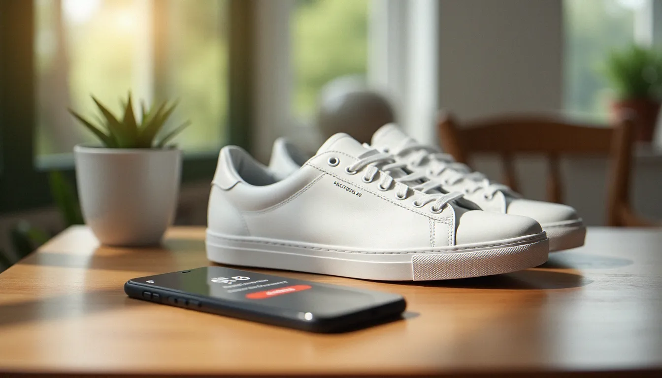 Paire de sneakers éco-responsables style Faguo posée sur une surface en bois avec un téléphone affichant un code promo activé