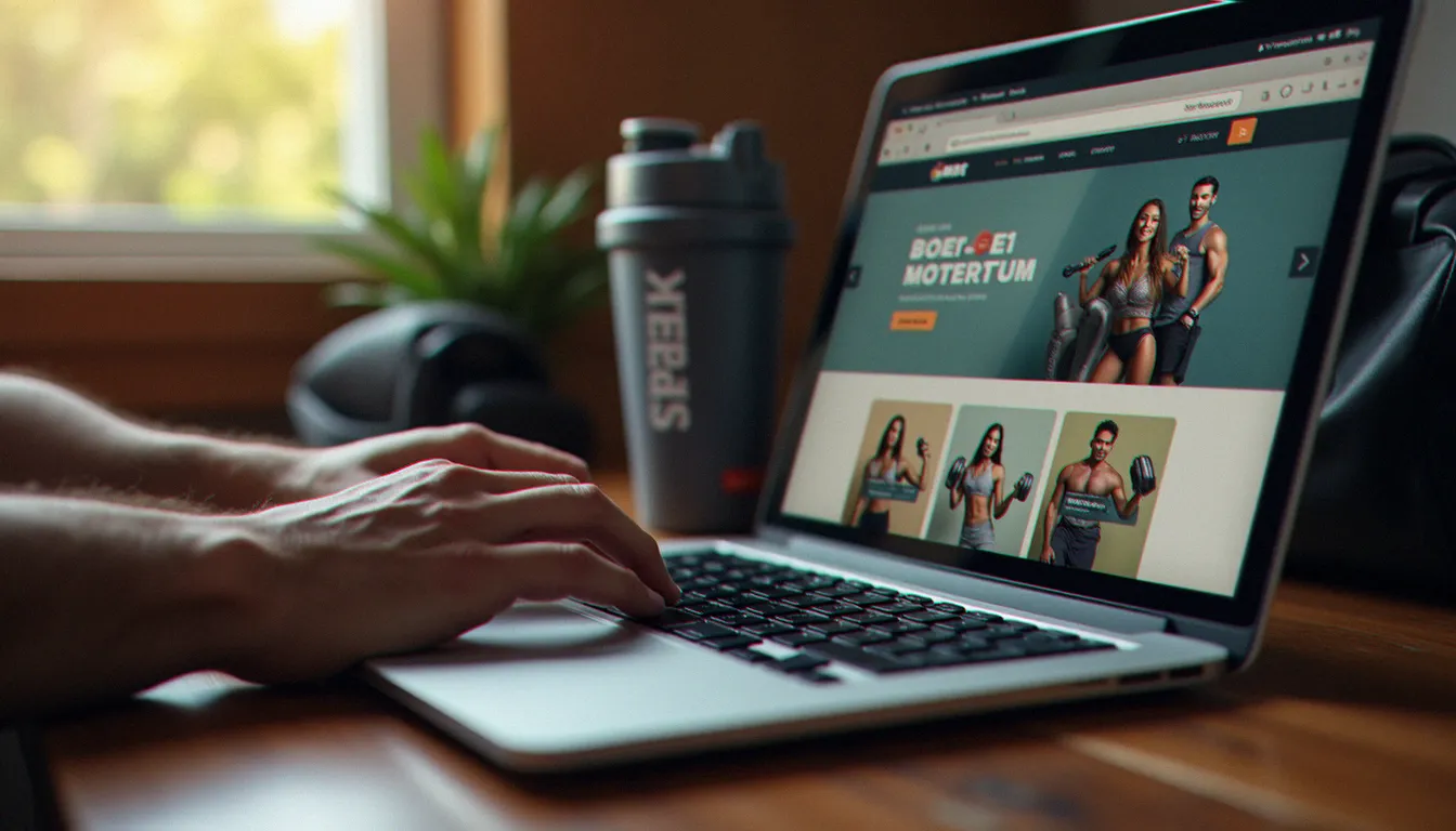 Mains tapant sur un ordinateur portable pour rechercher un code promo sur un site de nutrition sportive, avec un sac de sport et une shaker en arrière-plan