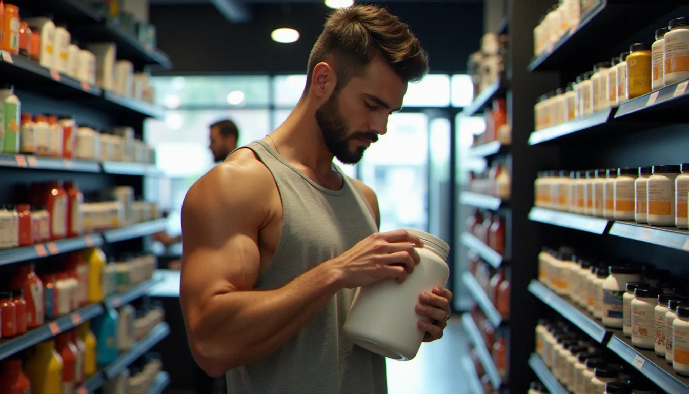 Un homme sportif examinant un pot de protéines dans un magasin de nutrition sportive, illustrant la recherche du meilleur code promo Fitadium avant achat