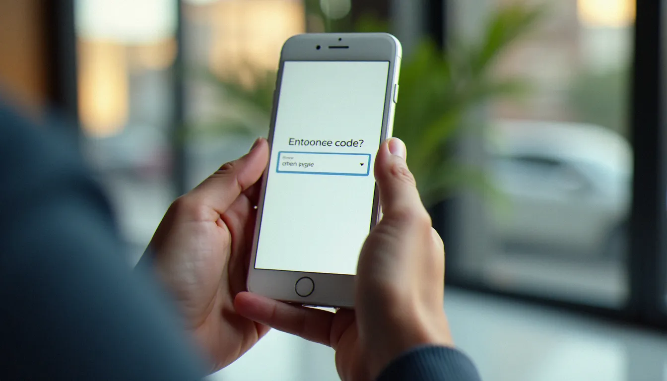 Mains tenant un smartphone avec un champ de saisie de code promo sur une application de location de voiture entre particuliers
