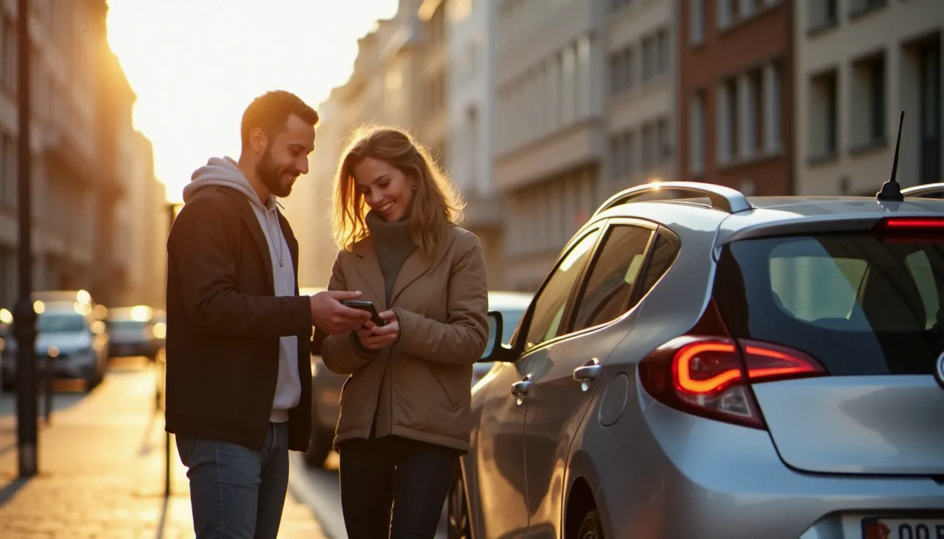 Deux amis partageant un lien de parrainage Getaround devant une voiture en location dans une ville européenne