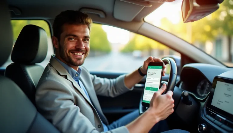 Un homme souriant utilisant son smartphone pour réserver une voiture avec un code promo Getaround dans une rue parisienne