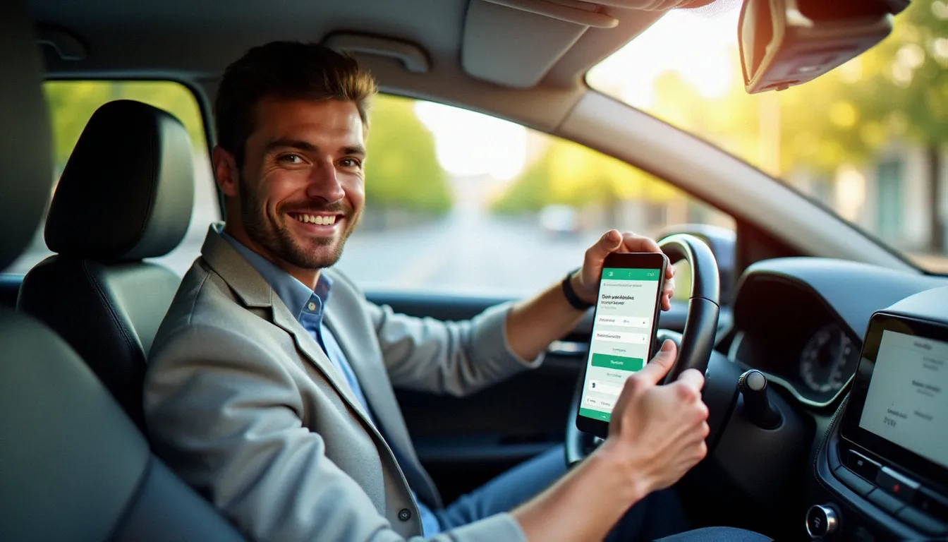 Un homme souriant utilisant son smartphone pour réserver une voiture avec un code promo Getaround dans une rue parisienne