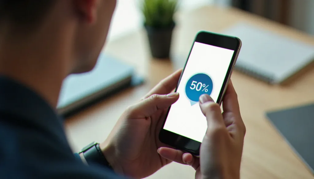 Mains tenant un smartphone avec une interface d'abonnement affichant un badge de réduction, illustrant la recherche d'un code promo MYM