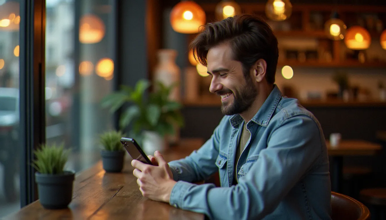 Utilisateur souriant consultant son téléphone après avoir trouvé et appliqué un code promo sur une application mobile