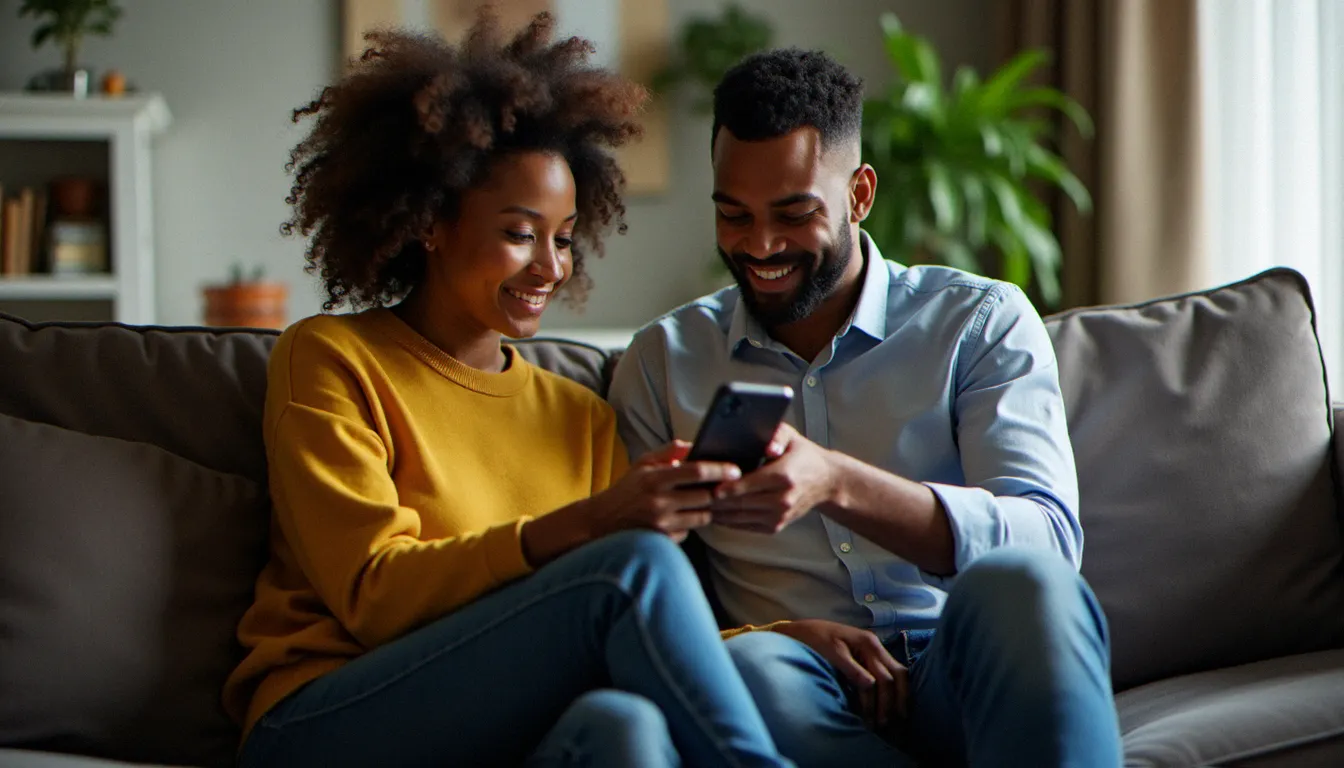 Deux amis partageant un lien de parrainage Naali sur un smartphone dans un salon lumineux