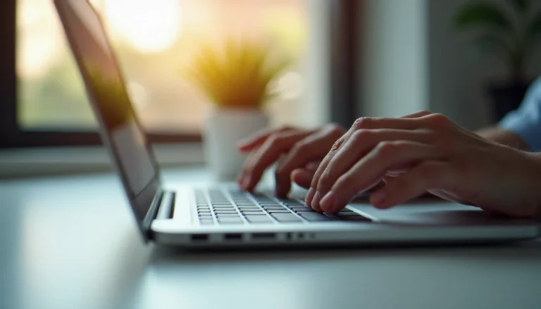 Mains tapant un code promo Naali sur un ordinateur portable posé sur un bureau minimaliste