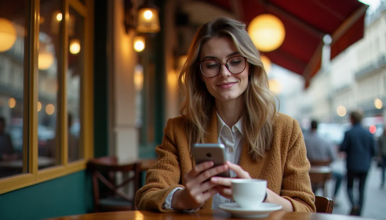 Jeune femme recherchant un code promo sur son smartphone dans un café parisien avant de commander des thés en ligne