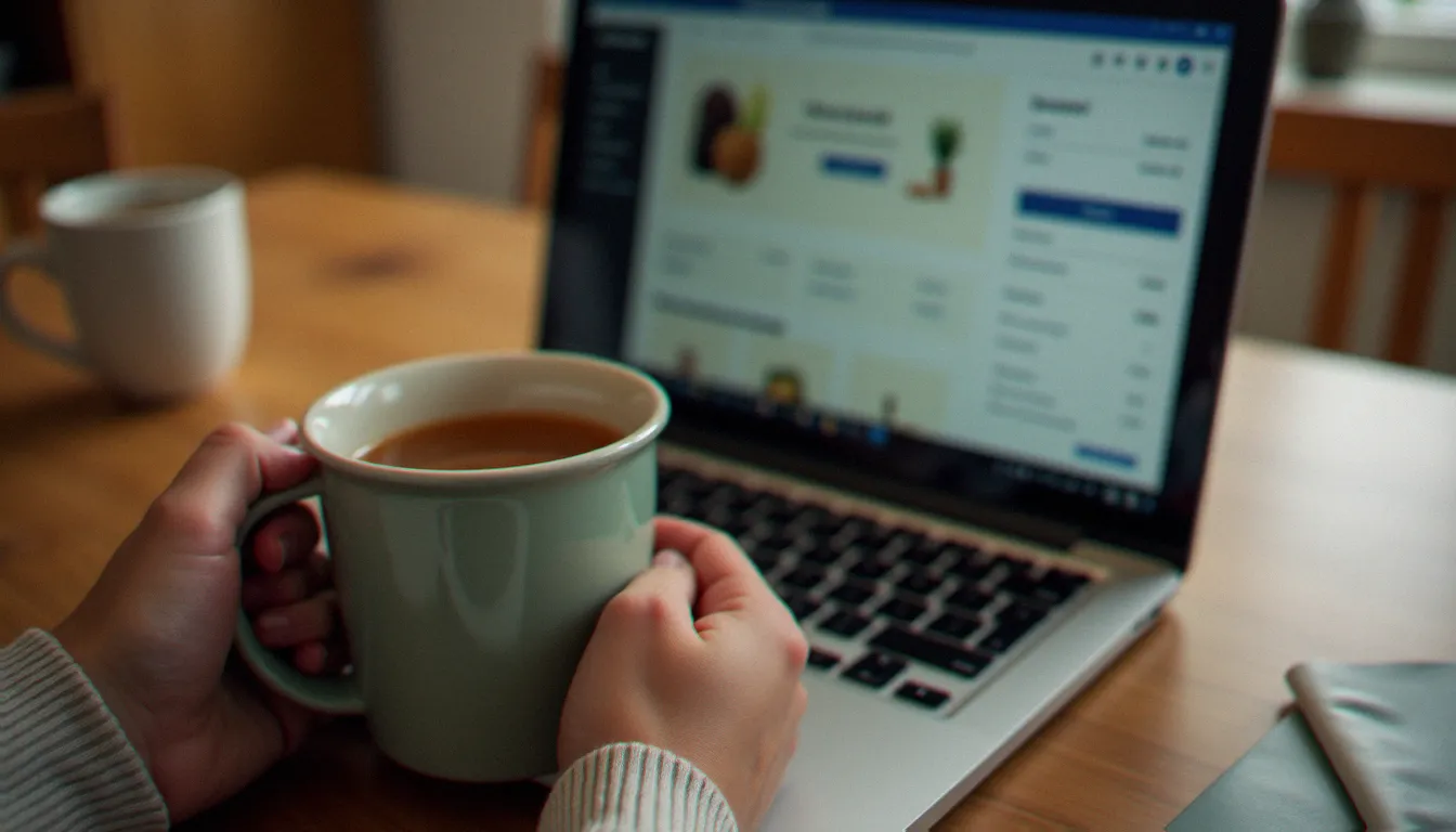 Mains tenant une tasse de thé devant un écran d'ordinateur affichant une page de paiement en ligne avec un champ de code promo
