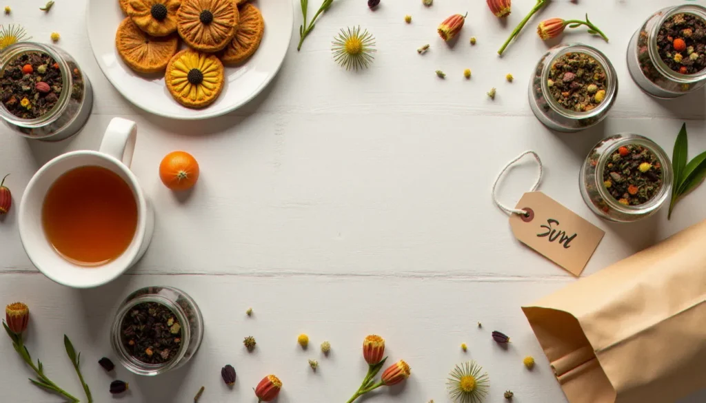 Présentation de thés et infusions premium Panda Tea sur une table en bois clair, avec une étiquette de réduction illustrant un code promo Panda Tea