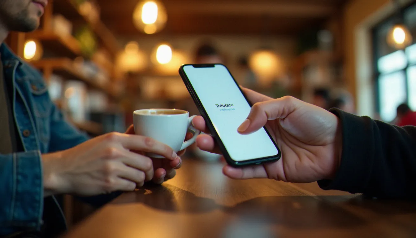 Deux personnes échangeant un code parrainage Red by SFR via smartphone dans un café, illustrant le partage d'un lien de parrainage entre amis