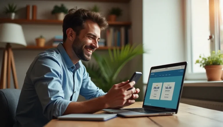 Homme consultant une offre de code promo Red by SFR parrainage sur son smartphone devant un ordinateur portable dans un appartement parisien moderne
