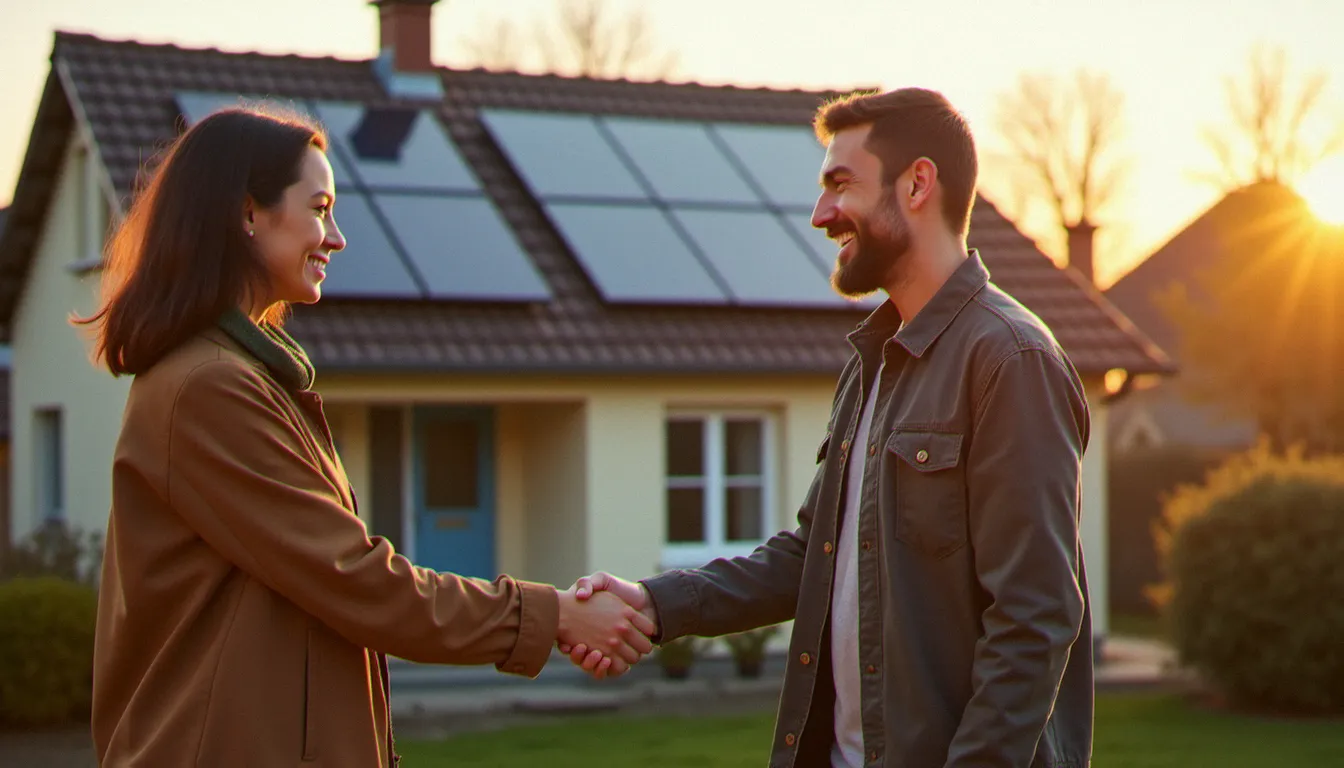 Deux voisins se serrant la main devant une maison équipée de panneaux solaires, illustrant le programme de parrainage Sunology gagnant-gagnant