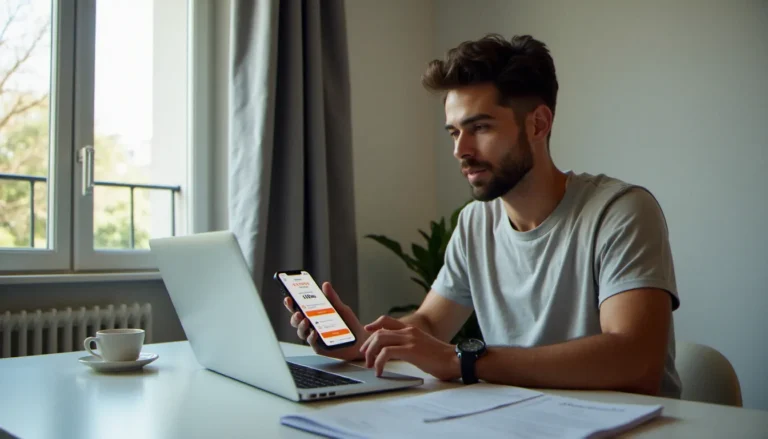 Un homme consultant un code promo Sosh sur son smartphone pour réduire le prix de son forfait mobile
