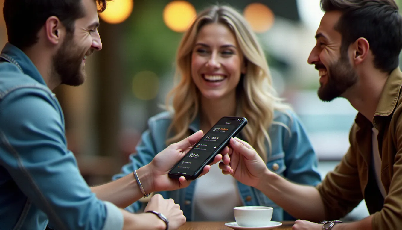 Deux amis utilisant le programme de parrainage Staycation sur un smartphone pour partager un code et obtenir une réduction