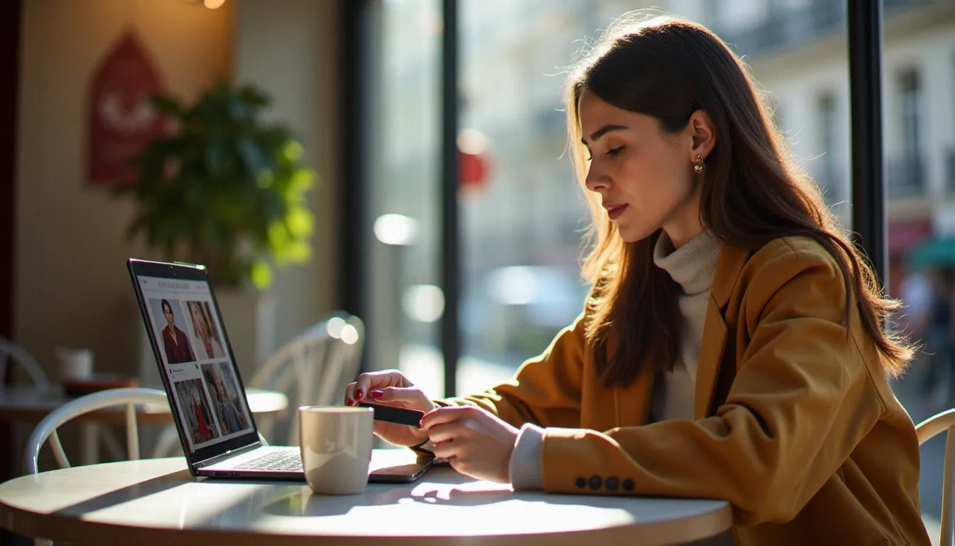 Femme utilisant un code promo The Bradery sur son ordinateur portable dans un café parisien