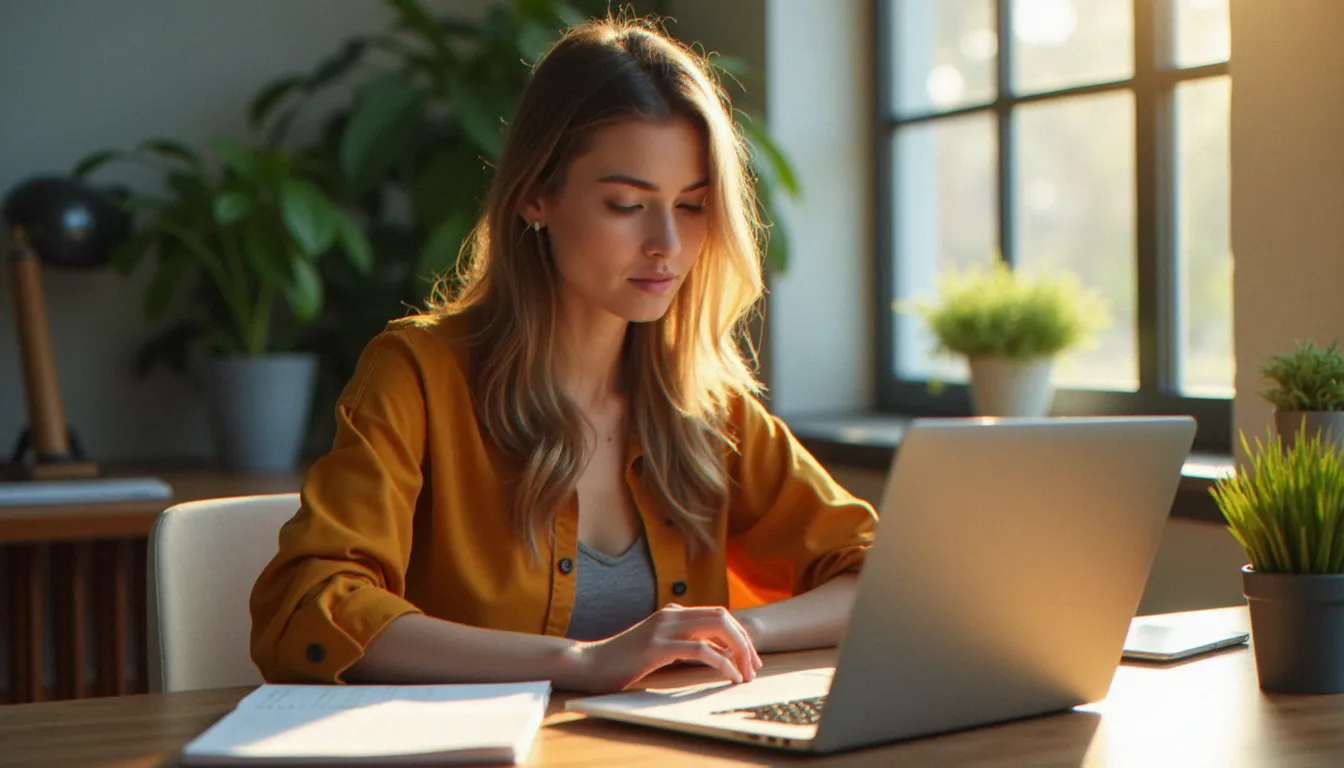Jeune femme cherchant un code promo sur son ordinateur portable dans un bureau à domicile lumineux