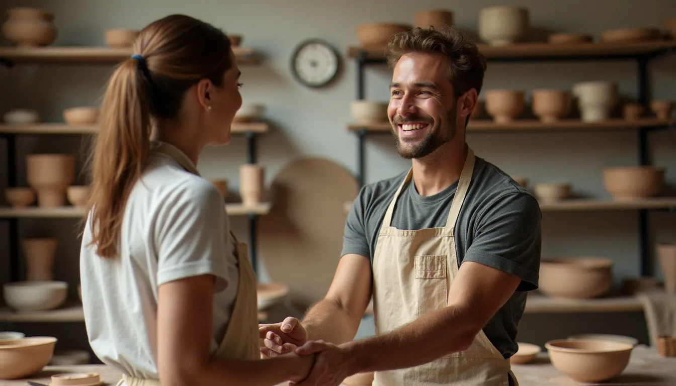 Deux amis se serrant la main dans un atelier de poterie, illustrant le parrainage et les économies réalisées sur Wecandoo