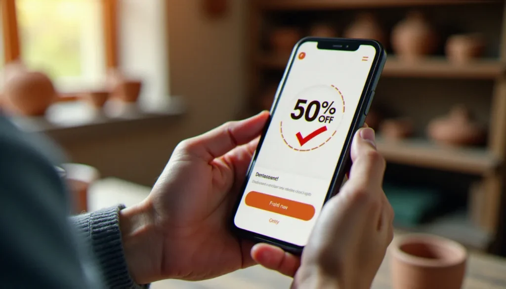 Mains tenant un smartphone affichant une réduction, code promo Wecandoo activé, atelier artisanal flou en arrière-plan