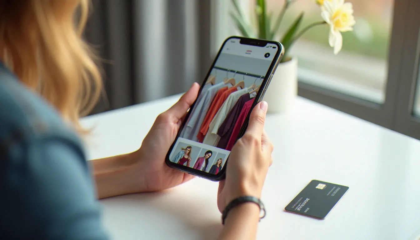 Femme utilisant un code promo Zalando sur son smartphone pour faire des achats mode en ligne