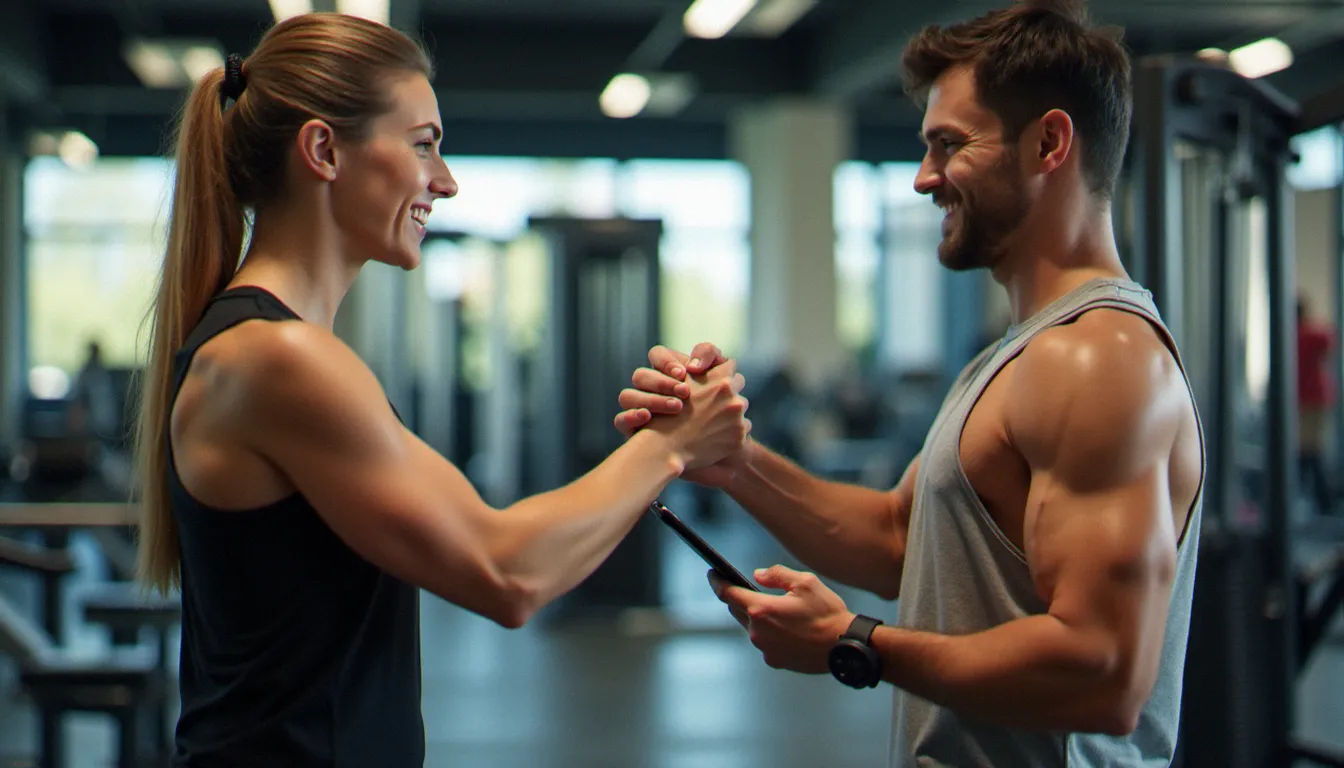 Deux amis en tenue sportive se serrant la main près des appareils de musculation dans une salle de fitness lumineuse, illustrant le parrainage entre membres