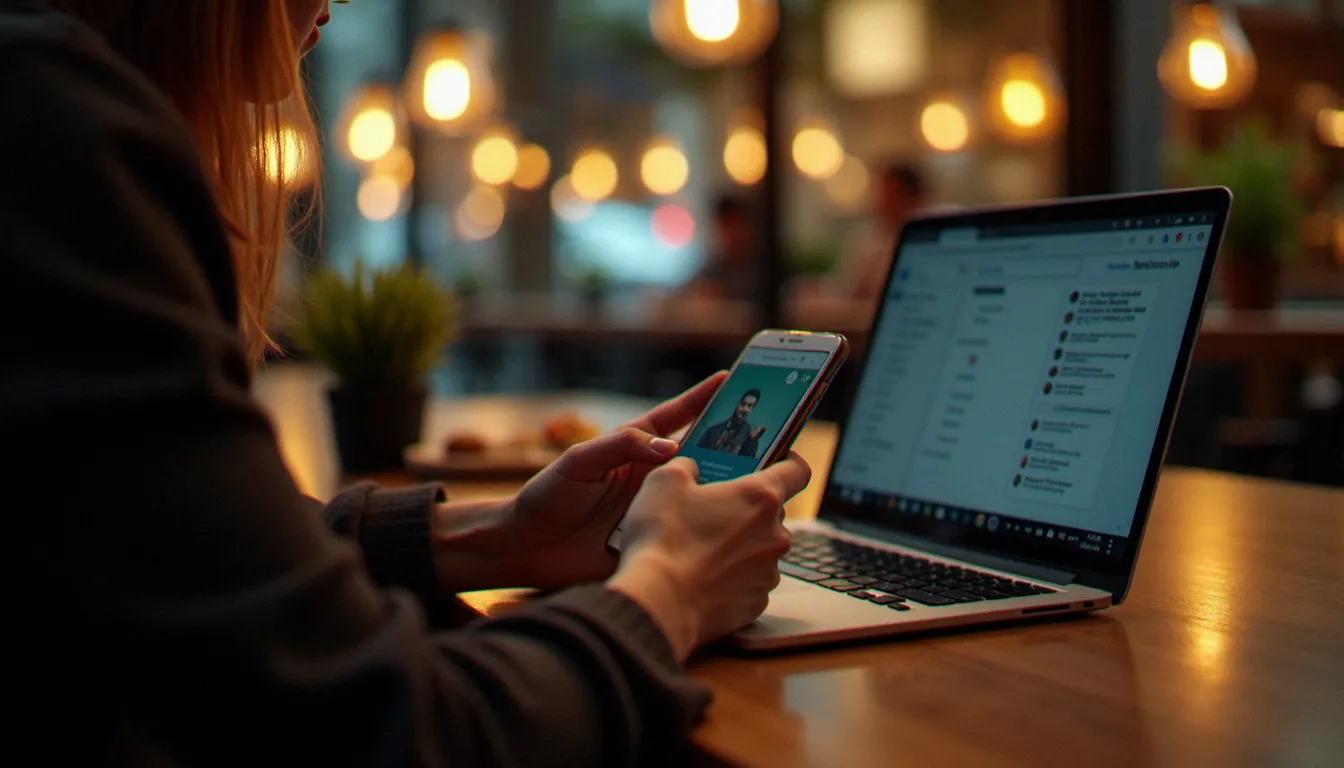 Une personne assise dans un café partageant un code de parrainage fitness par SMS depuis son smartphone, avec un ordinateur portable ouvert devant elle