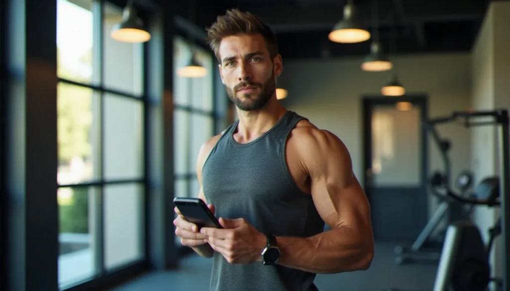 Un homme en tenue de sport tenant un smartphone avec un lien de parrainage fitness park à l'entrée d'une salle de sport moderne