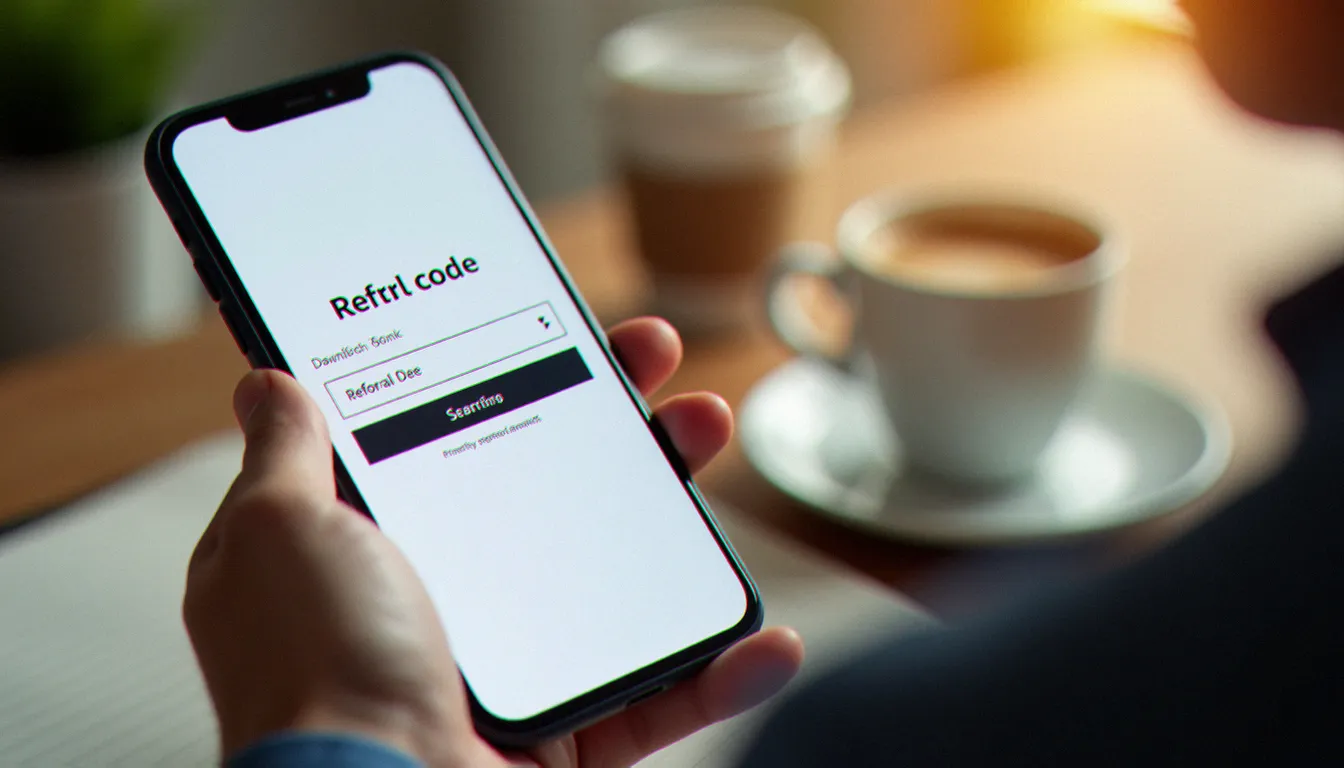 Personne consultant les conditions d'un code parrainage bancaire sur son téléphone, illustrant les étapes pour bénéficier du parrainage Fortuneo