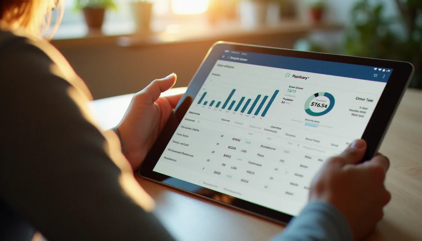 Vue par-dessus l'épaule d'un utilisateur consultant le suivi de ses parrainages et primes bancaires sur une tablette, dans un contexte domestique lumineux