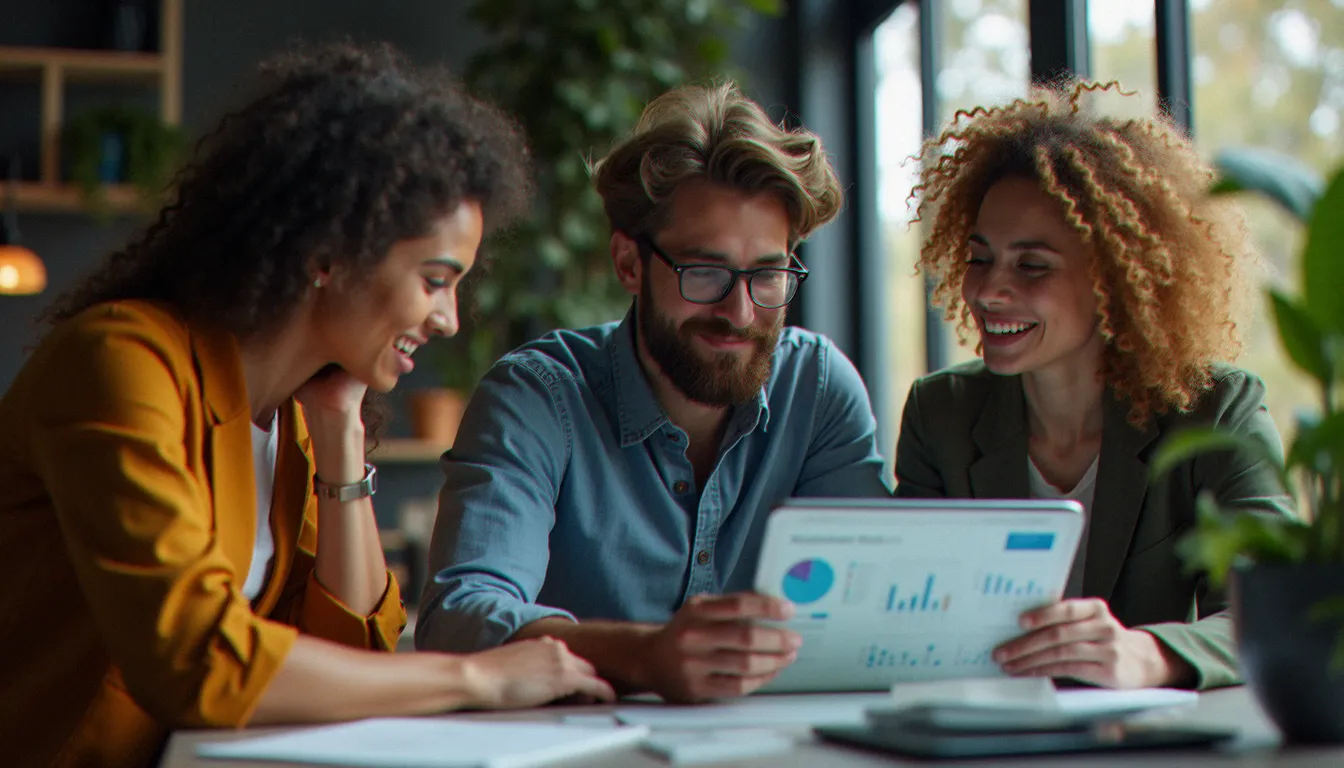 Groupe de membres d'une coopérative financière analysant ensemble les projets financés par nous lib sur une tablette