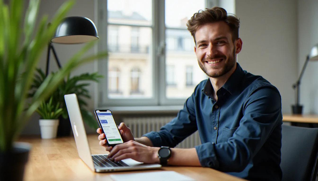 Jeune homme consultant l'application nous lib sur son smartphone dans un appartement parisien lumineux