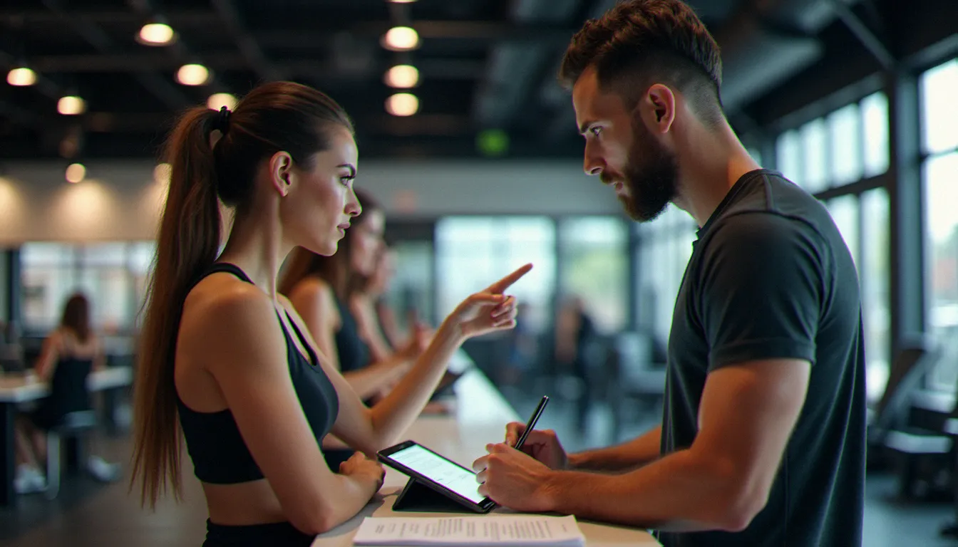 Deux amis en tenue de sport au comptoir d'accueil d'une salle de fitness, l'un montrant un lien de parrainage sur une tablette pendant que l'autre s'inscrit