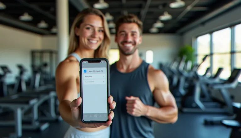 Un homme souriant dans une salle de sport low-cost tenant son téléphone avec un lien de parrainage Basic Fit affiché à l'écran